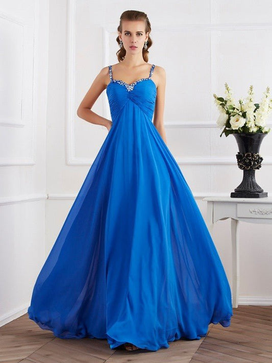 NumberSea - A - Line/Princess Spaghetti Straps Sleeveless Beading Applique Long Chiffon Dresses