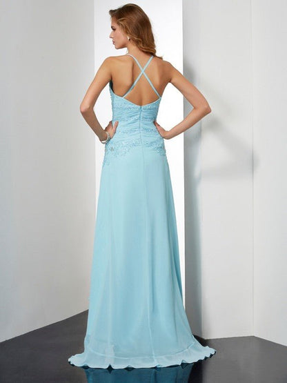 NumberSea - A - Line/Princess Spaghetti Straps Sleeveless Beading Crystal High Low Chiffon Dresses