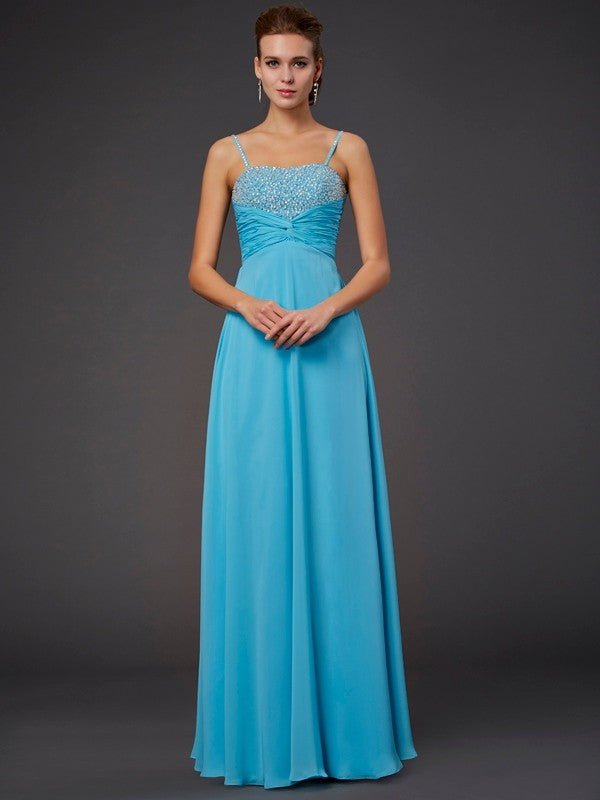 NumberSea - A - Line/Princess Spaghetti Straps Sleeveless Beading Long Chiffon Dresses