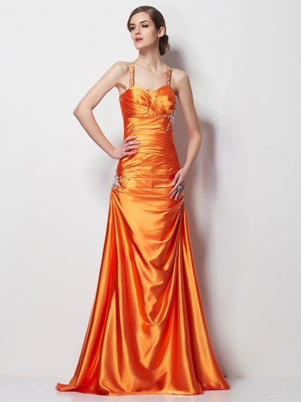 NumberSea - A - Line/Princess Spaghetti Straps Sleeveless Beading Long Elastic Woven Satin Dresses