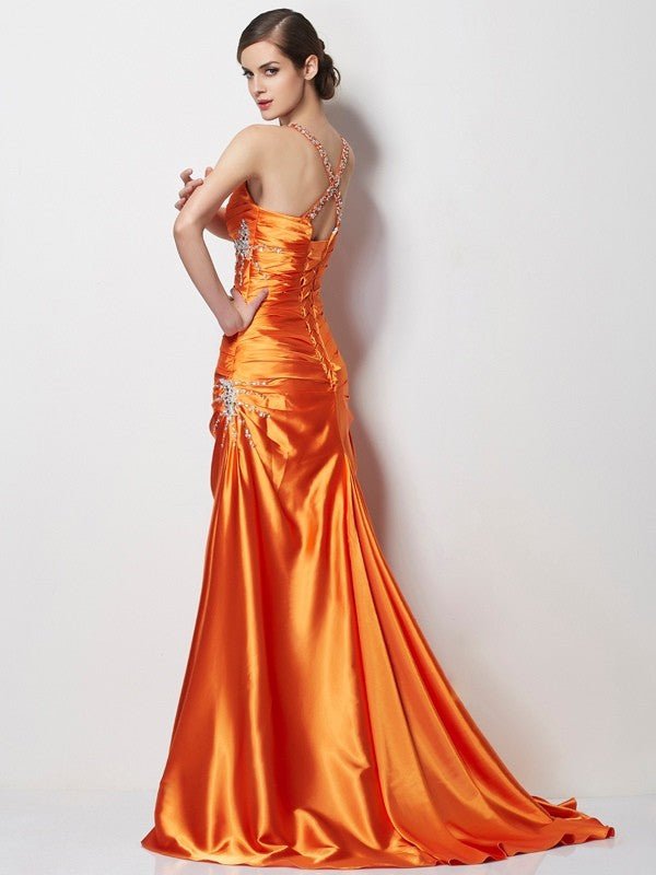 NumberSea - A - Line/Princess Spaghetti Straps Sleeveless Beading Long Elastic Woven Satin Dresses