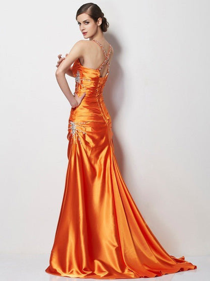 NumberSea - A - Line/Princess Spaghetti Straps Sleeveless Beading Long Elastic Woven Satin Dresses