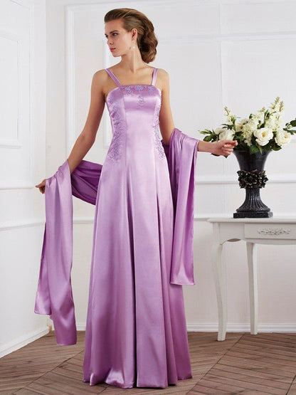 NumberSea - A - Line/Princess Spaghetti Straps Sleeveless Beading Long Elastic Woven Satin Mother of the Bride Dresses