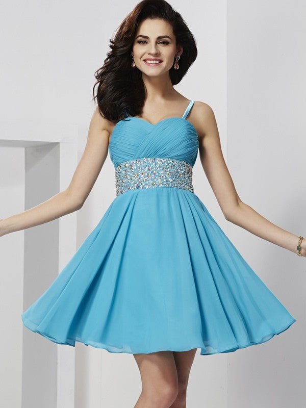 NumberSea - A - Line/Princess Spaghetti Straps Sleeveless Rhinestone Short Chiffon Homecoming Dresses