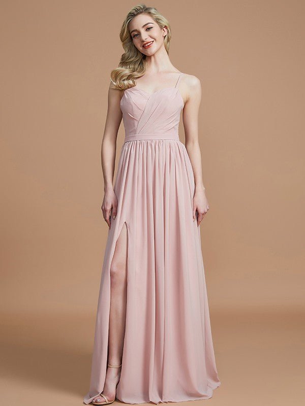 NumberSea - A - Line/Princess Spaghetti Straps Sleeveless Ruched Floor - Length Chiffon Bridesmaid Dresses