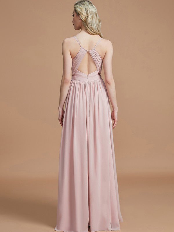 NumberSea - A - Line/Princess Spaghetti Straps Sleeveless Ruched Floor - Length Chiffon Bridesmaid Dresses