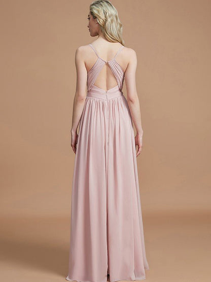 NumberSea - A - Line/Princess Spaghetti Straps Sleeveless Ruched Floor - Length Chiffon Bridesmaid Dresses