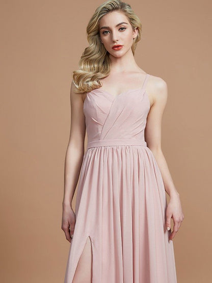 NumberSea - A - Line/Princess Spaghetti Straps Sleeveless Ruched Floor - Length Chiffon Bridesmaid Dresses