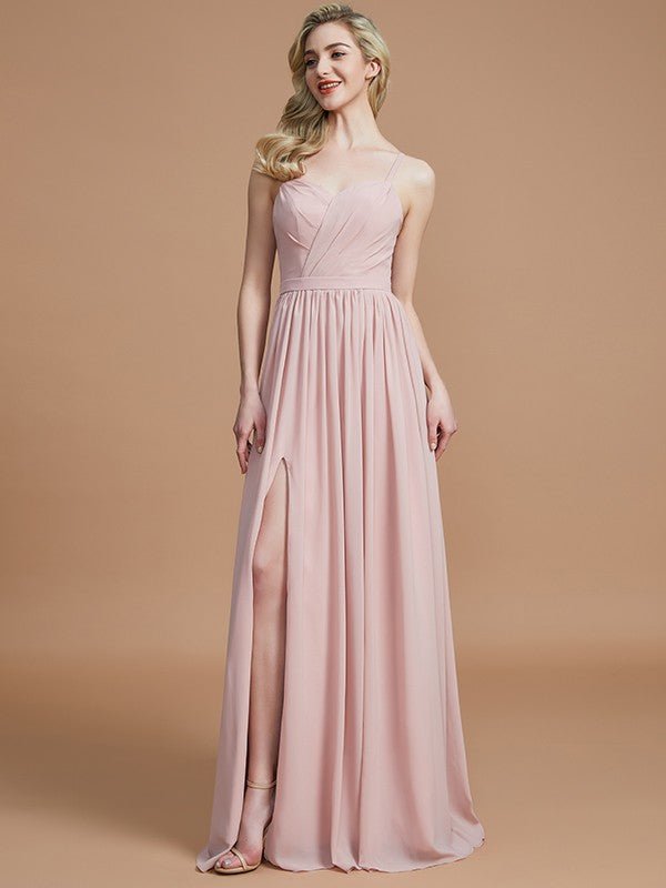 NumberSea - A - Line/Princess Spaghetti Straps Sleeveless Ruched Floor - Length Chiffon Bridesmaid Dresses