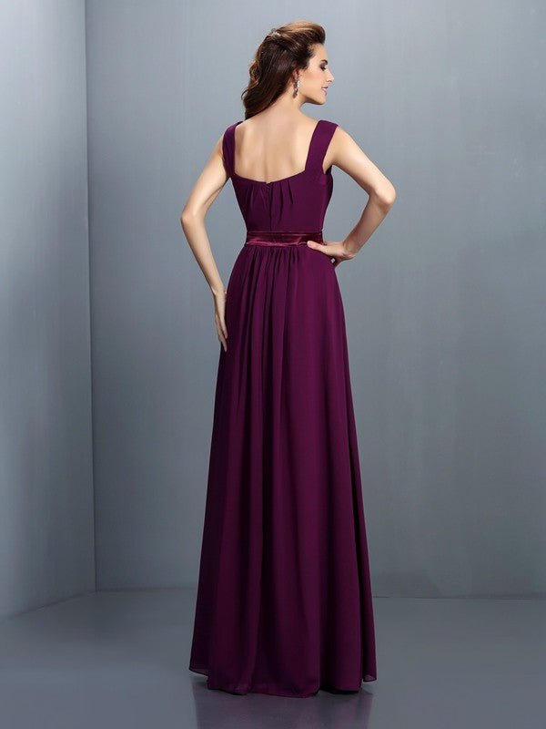 NumberSea - A - Line/Princess Square Pleats Sleeveless Long Chiffon Bridesmaid Dresses