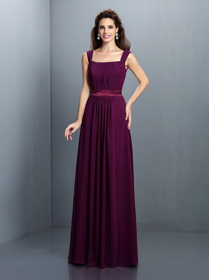 NumberSea - A - Line/Princess Square Pleats Sleeveless Long Chiffon Bridesmaid Dresses