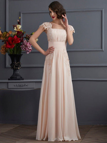 NumberSea - A - Line/Princess Square Short Sleeves Lace Long Chiffon Dresses