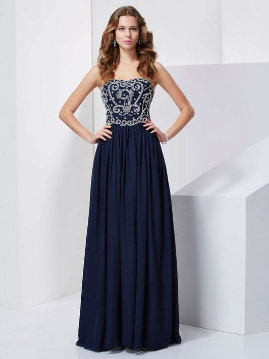 NumberSea - A - Line/Princess Strapless Beading Sleeveless Long Chiffon Dresses