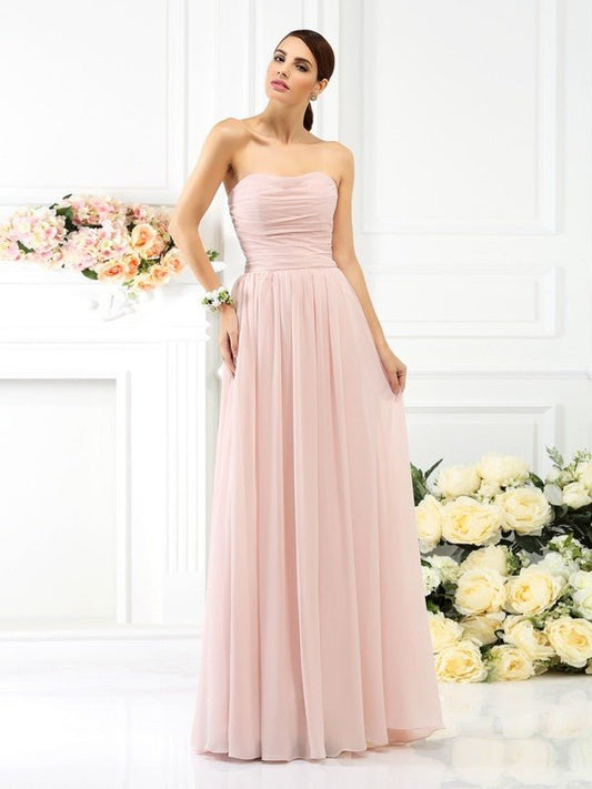 NumberSea - A - Line/Princess Strapless Pleats Sleeveless Long Chiffon Bridesmaid Dresses