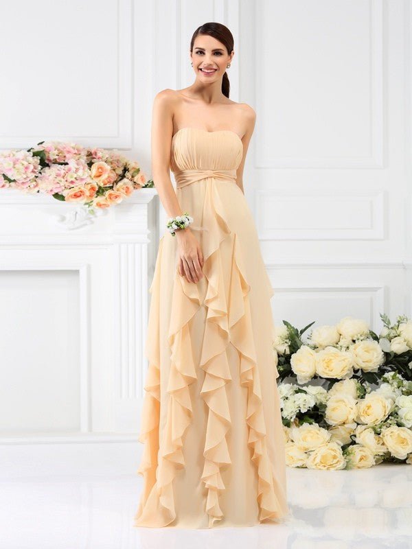 NumberSea - A - Line/Princess Strapless Pleats Sleeveless Long Chiffon Bridesmaid Dresses