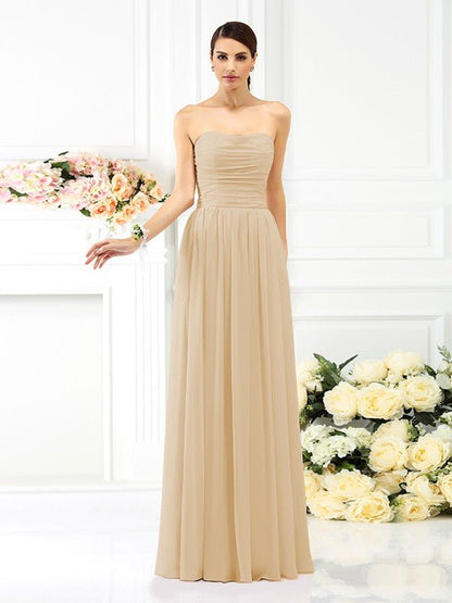 NumberSea - A - Line/Princess Strapless Pleats Sleeveless Long Chiffon Bridesmaid Dresses