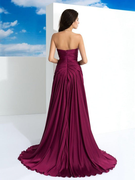 NumberSea - A - Line/Princess Strapless Pleats Sleeveless Long Satin Chiffon Dresses