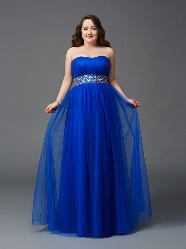 NumberSea - A - Line/Princess Strapless Rhinestone Sleeveless Long Net Plus Size Dresses