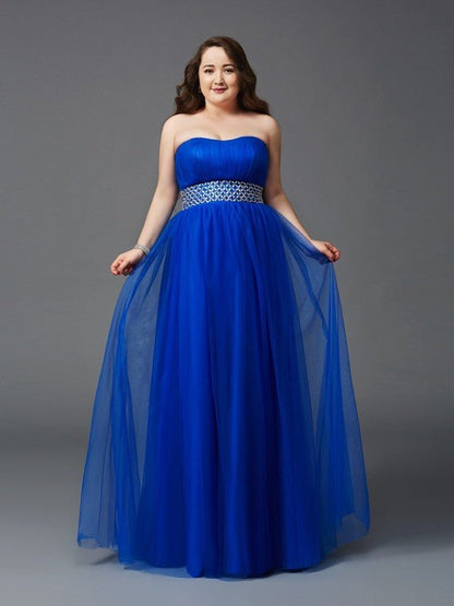 NumberSea - A - Line/Princess Strapless Rhinestone Sleeveless Long Net Plus Size Dresses