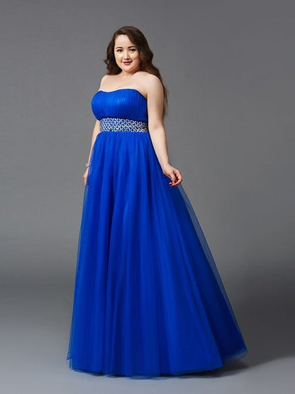 NumberSea - A - Line/Princess Strapless Rhinestone Sleeveless Long Net Plus Size Dresses