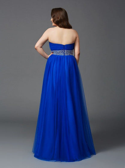 NumberSea - A - Line/Princess Strapless Rhinestone Sleeveless Long Net Plus Size Dresses