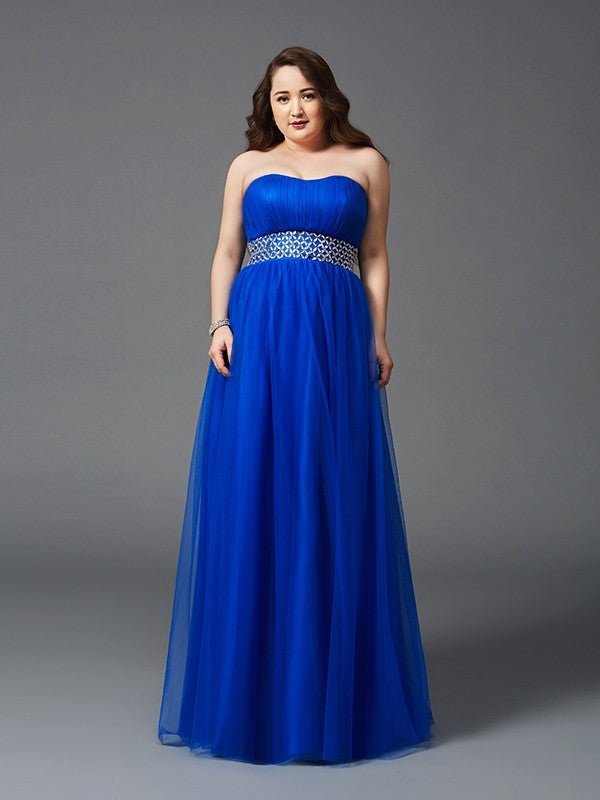 NumberSea - A - Line/Princess Strapless Rhinestone Sleeveless Long Net Plus Size Dresses