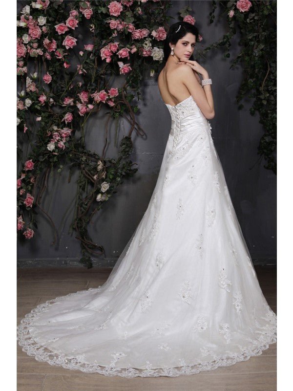 NumberSea - A - Line/Princess Strapless Sleeveless Beading Applique Hand - Made Flower Net Wedding Dresses