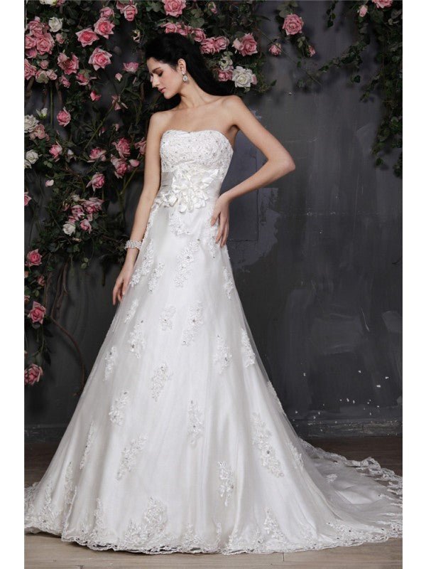 NumberSea - A - Line/Princess Strapless Sleeveless Beading Applique Hand - Made Flower Net Wedding Dresses