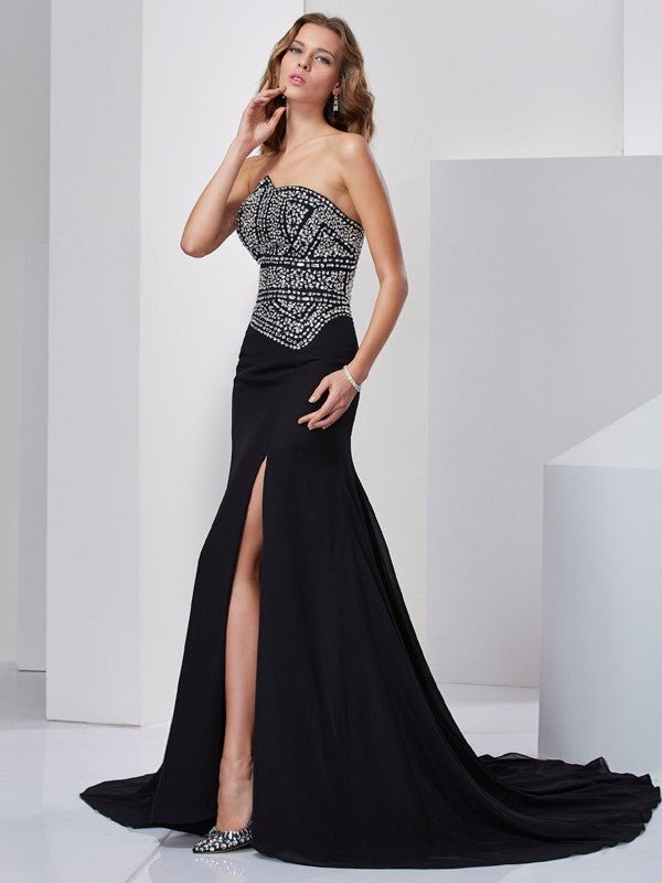 NumberSea - A - Line/Princess Strapless Sleeveless Beading Long Chiffon Dresses