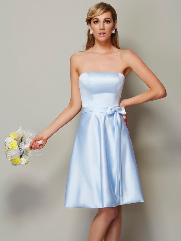 NumberSea - A - Line/Princess Strapless Sleeveless Bowknot Short Satin Bridesmaid Dresses