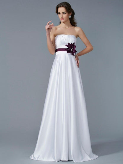 NumberSea - A - Line/Princess Strapless Sleeveless Hand - Made Flower Long Satin Dresses