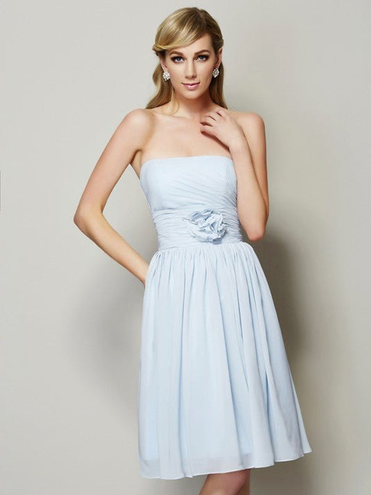 NumberSea - A - Line/Princess Strapless Sleeveless Hand - Made Flower Short Chiffon Bridesmaid Dresses