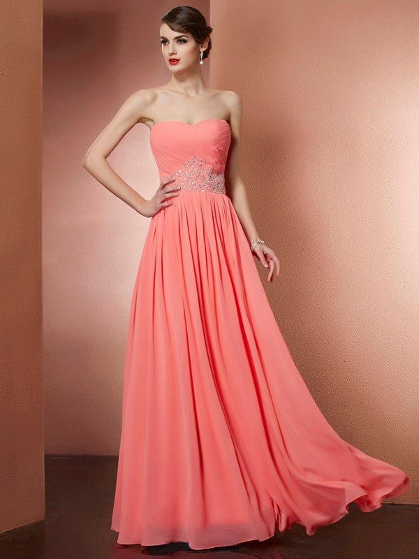 NumberSea - A - Line/Princess Strapless Sleeveless Pleats Beading Long Chiffon Dresses