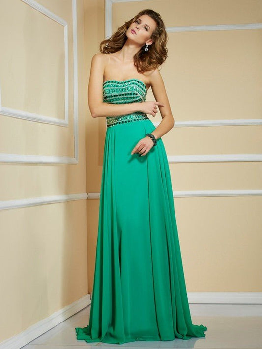 NumberSea - A - Line/Princess Strapless Sleeveless Rhinestone Long Chiffon Dresses