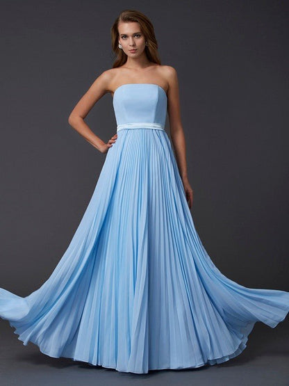 NumberSea - A - Line/Princess Strapless Sleeveless Ruched Long Chiffon Dresses