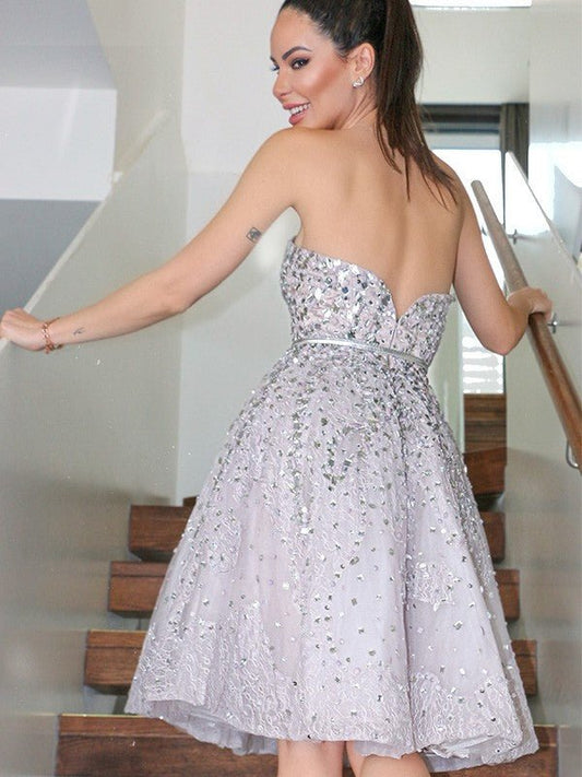 NumberSea - A - Line/Princess Strapless Sleeveless Sequin Knee - Length Tulle Homecoming Dresses