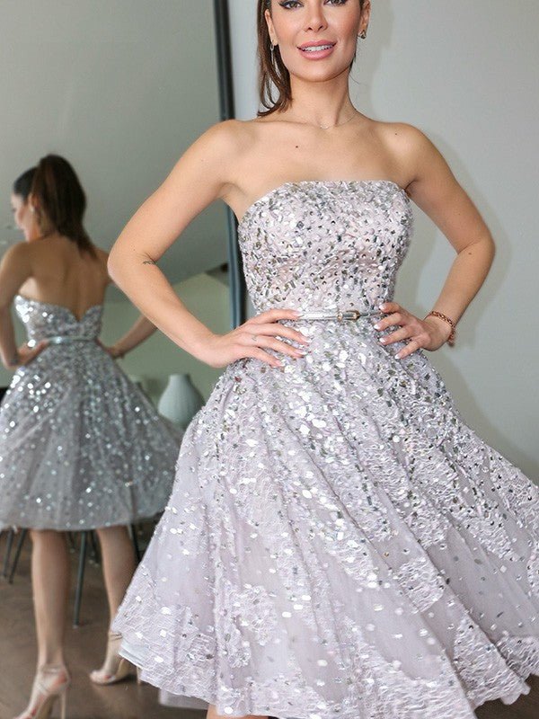 NumberSea - A - Line/Princess Strapless Sleeveless Sequin Knee - Length Tulle Homecoming Dresses