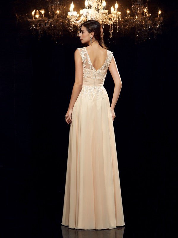 NumberSea - A - Line/Princess Straps Applique Sleeveless Long Chiffon Mother of the Bride Dresses