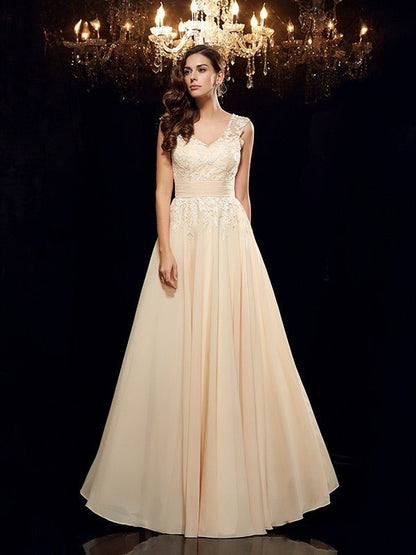 NumberSea - A - Line/Princess Straps Applique Sleeveless Long Chiffon Mother of the Bride Dresses