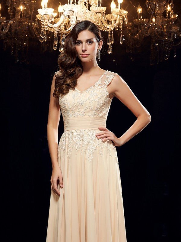 NumberSea - A - Line/Princess Straps Applique Sleeveless Long Chiffon Mother of the Bride Dresses