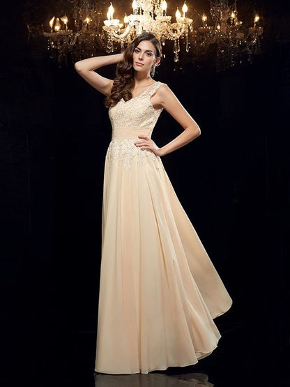 NumberSea - A - Line/Princess Straps Applique Sleeveless Long Chiffon Mother of the Bride Dresses