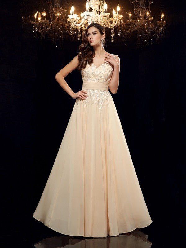 NumberSea - A - Line/Princess Straps Applique Sleeveless Long Chiffon Mother of the Bride Dresses