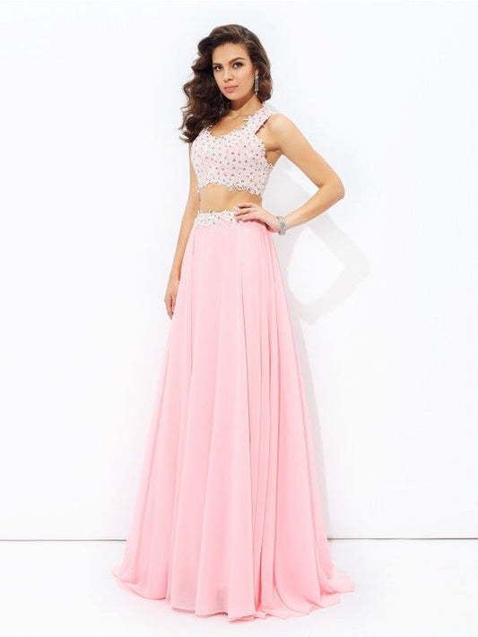 NumberSea - A - line/Princess Straps Applique Sleeveless Long Chiffon Two Piece Dresses