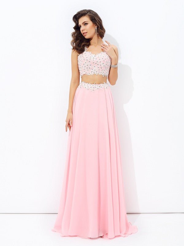 NumberSea - A - line/Princess Straps Applique Sleeveless Long Chiffon Two Piece Dresses