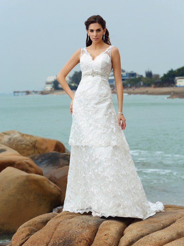 NumberSea - A - Line/Princess Straps Applique Sleeveless Long Satin Beach Wedding Dresses