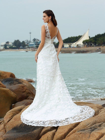 NumberSea - A - Line/Princess Straps Applique Sleeveless Long Satin Beach Wedding Dresses