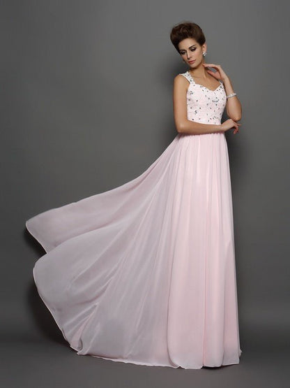 NumberSea - A - Line/Princess Straps Beading Sleeveless Applique Long Chiffon Dresses #