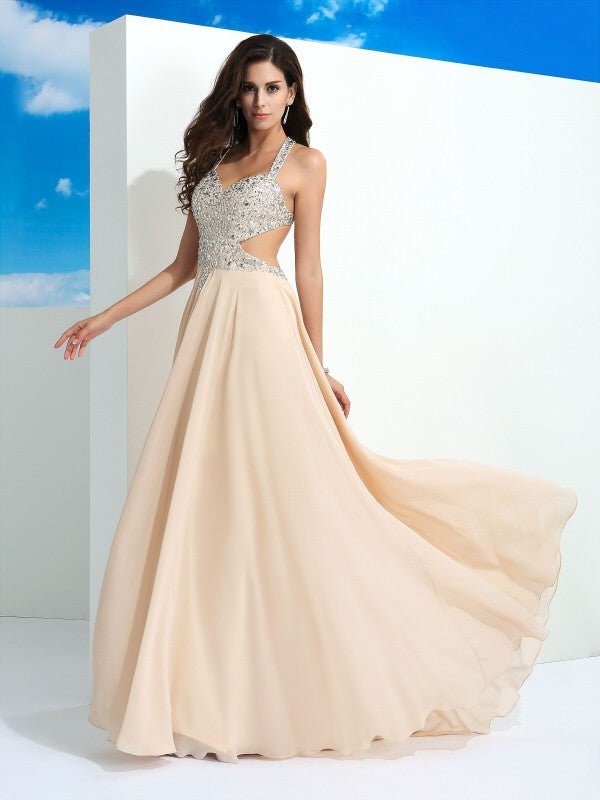 NumberSea - A - Line/Princess Straps Beading Sleeveless Long Chiffon Dresses