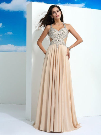 NumberSea - A - Line/Princess Straps Beading Sleeveless Long Chiffon Dresses