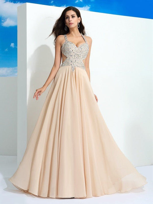 NumberSea - A - Line/Princess Straps Beading Sleeveless Long Chiffon Dresses